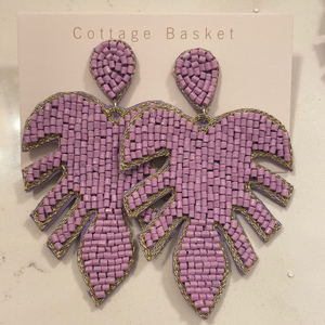 Purple beaded leaf earrings