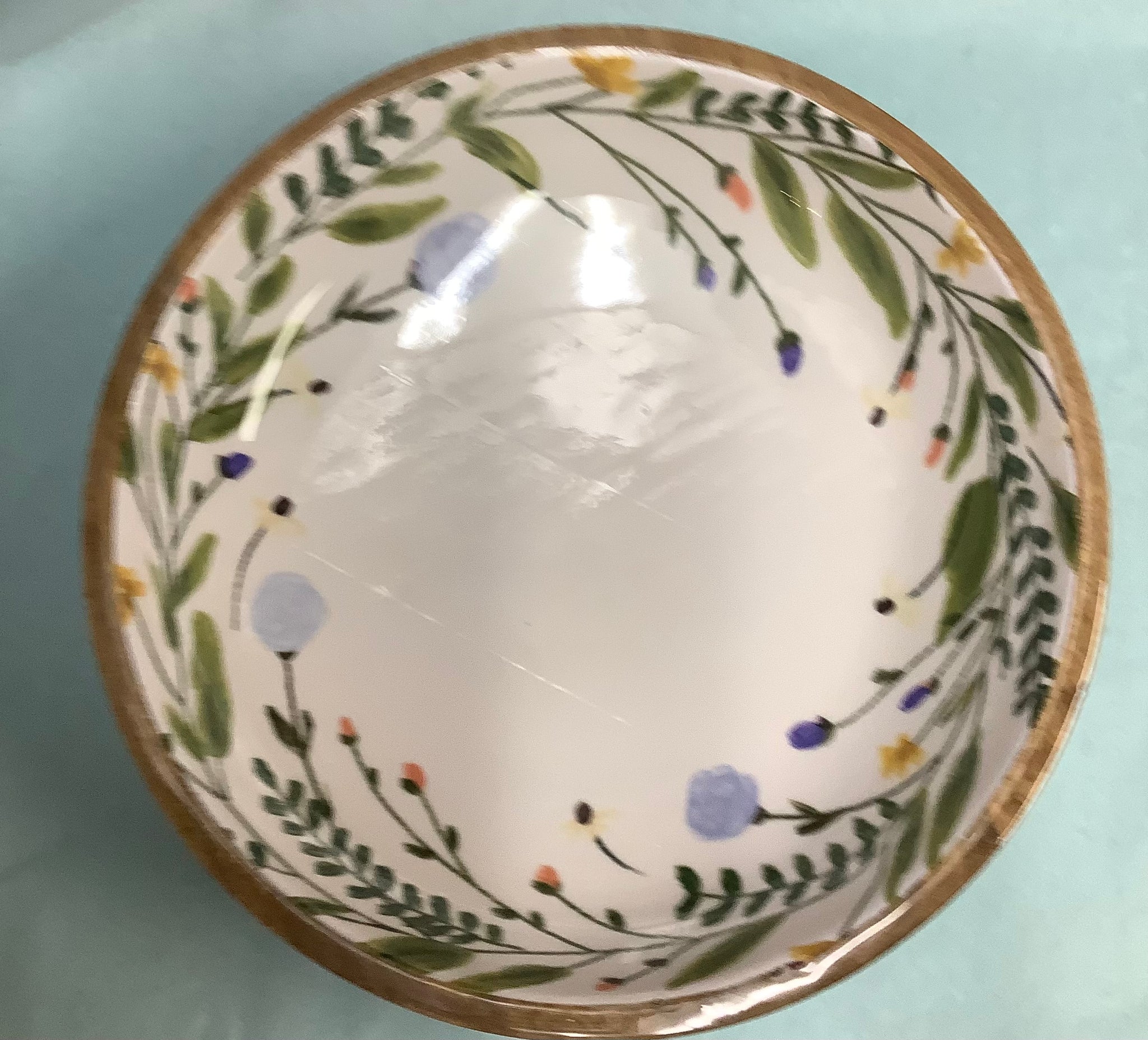 Floral Rimmed Wood Bowl