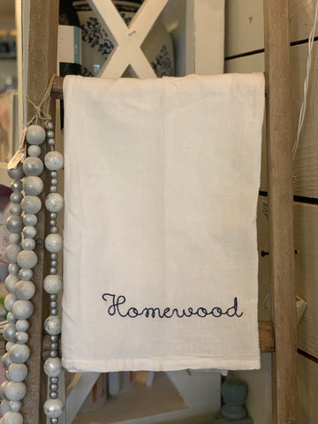 Navy Script Homewood Tea Towel