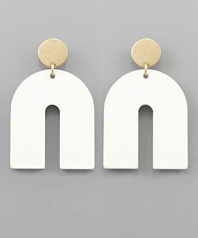 White Arch Gold Disc Earrings