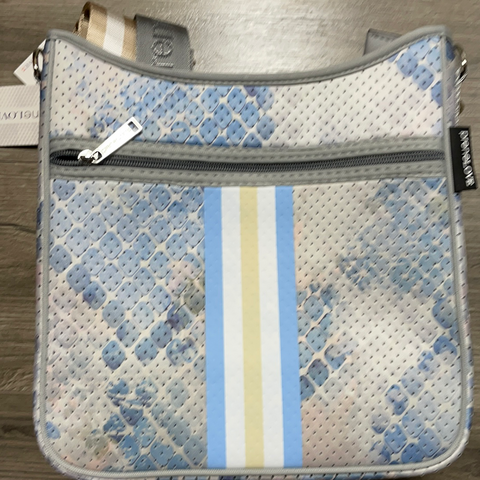 Blue/snakeskin neoprene messenger bag