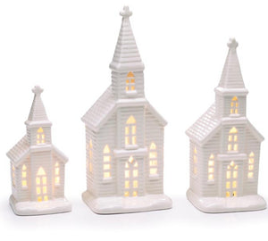 White Lighted Ceramic Church (11 1/2”)
