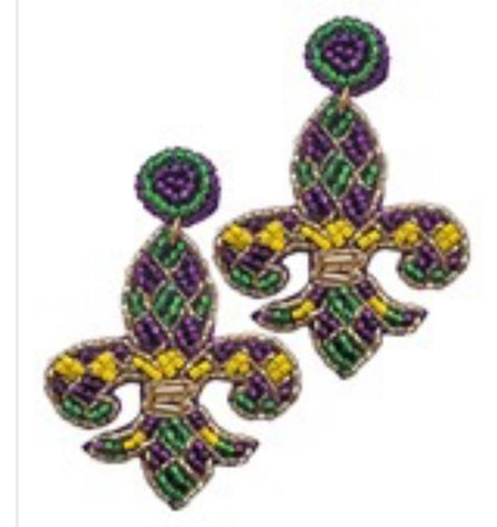 Mardi Gras Purple/Green Fleur de Lis Beaded Earrings