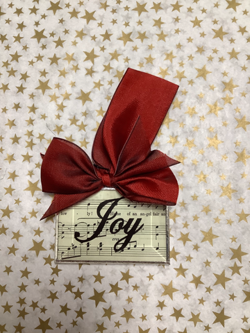 Joy Rectangle Beveled Glass Ornament with Red Ribbon