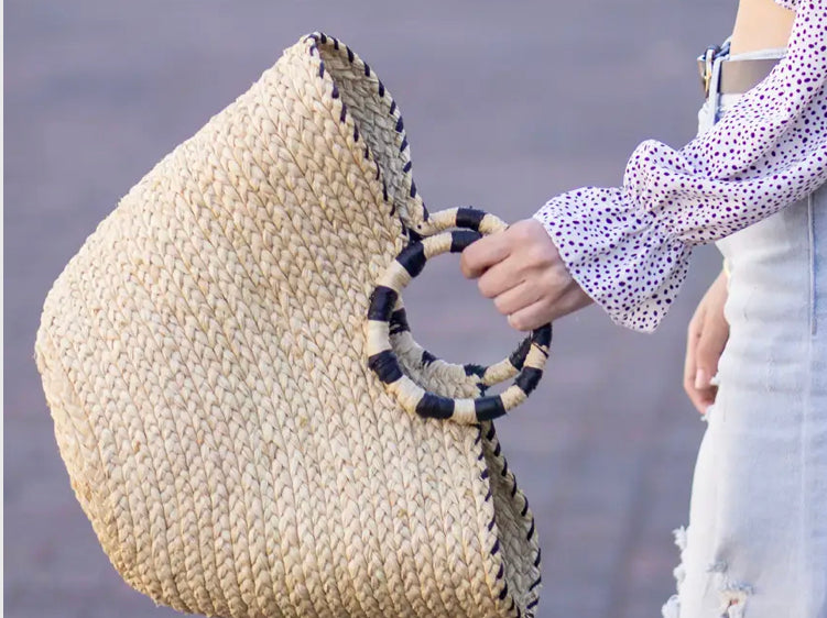 Black striped Straw Bucket Basket