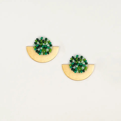 Green Sprinkle Beads on Gold Half Circle Earrings