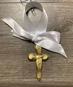 Gold Cross on Acrylic Ornament with Ribbon