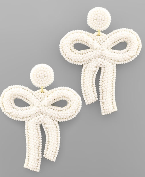 White Beaded Bow Earrings