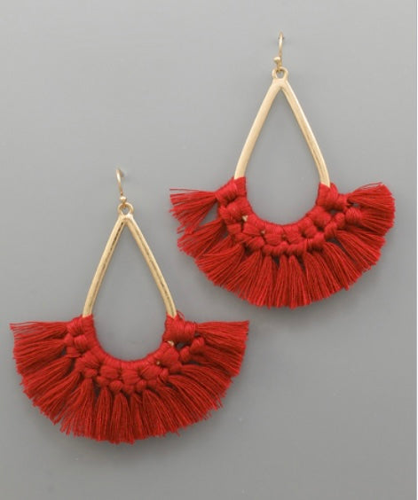 Red Fringe/ Gold Teardrop Earrings