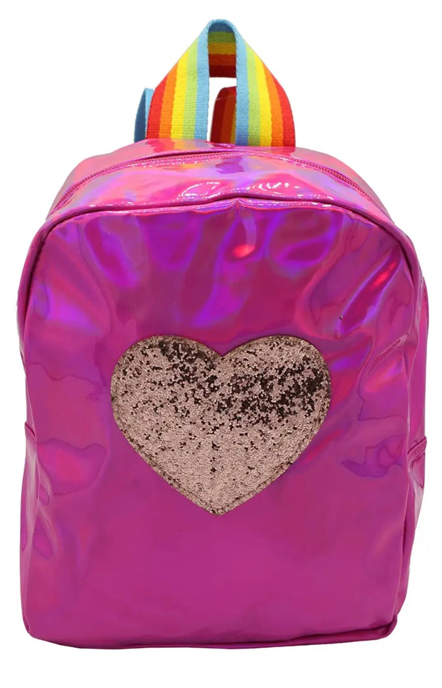 Hot Pink Metallic Backpack with Glitter Heart