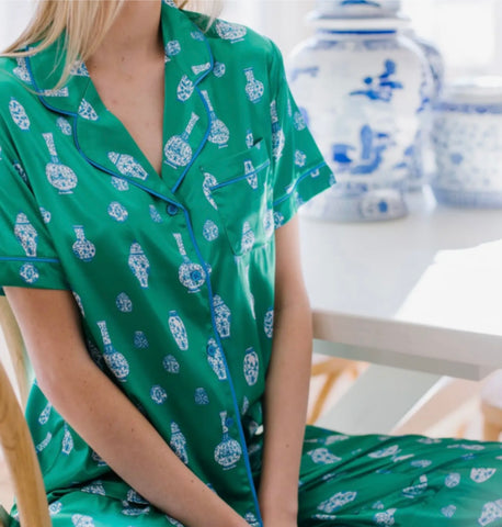 XL Ladies Green/Blue Satin Ginger Jar Pajama Set