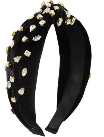 Jeweled Velvet Knotted Headband Black/Clear