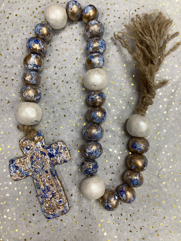 Blue/Cream/ Gold Clay Blessing Beads with Cross
