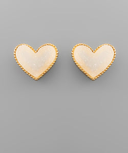 White Druzy Heart Studs