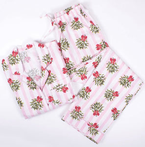Ladies Pink Striped Mistletoe Pajama Set-Large/X-Large