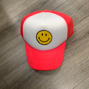 Neon Coral Fuzzy Smiley Face Hat