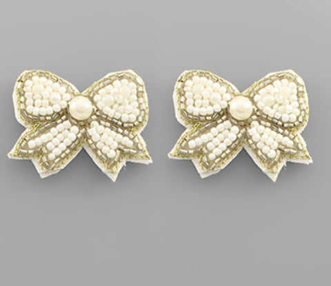 Small White Bow with Pearl Beaded Earrings