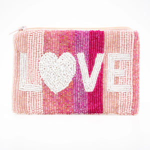 Pink Striped Love Beaded  Pouch