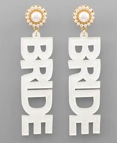White Glitter Acrylic And Pearl Bride Earrings