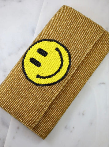 Gold Beaded Smiley Face Clutch