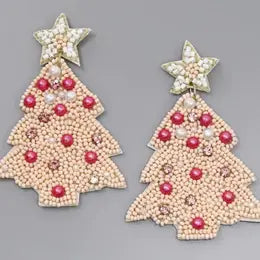 Pink Christmas Tree Beaded Earrings