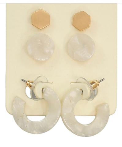 White Marbleized and Gold Trio of Earrings