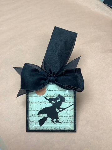 Witch Beveled Glass Silhouette Ornament with Black Bow