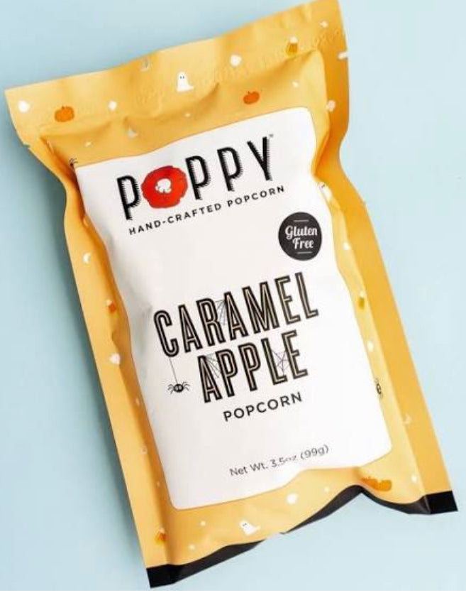 Carmel apple poppy popcorn snack bag