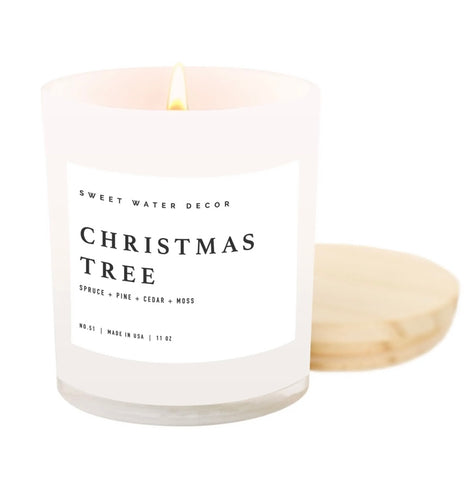 Christmas Tree Candle in White Jar with Wood Lid