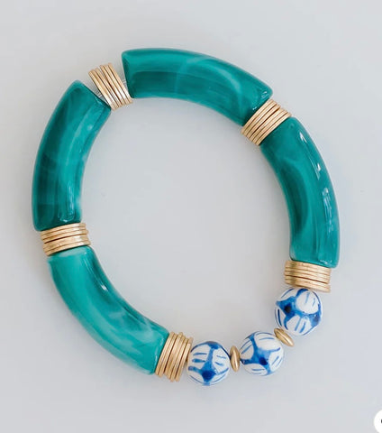 Teal Michelle McDowell Bead/Chinoiserie Stretch Bracelet