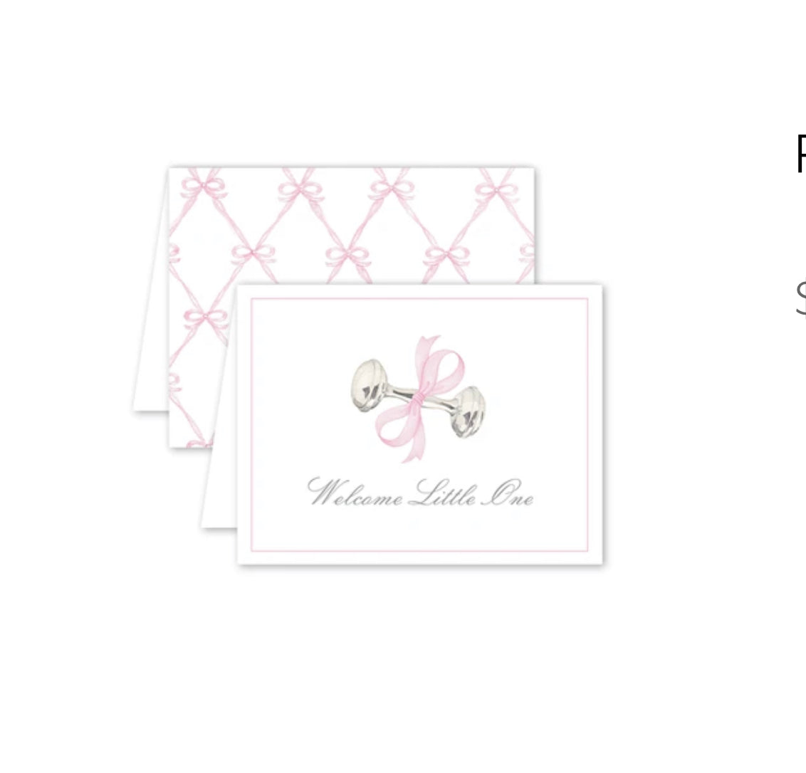 Welcome little one rattle and bow card pink