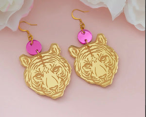 Acrylic Gold Tiger with Pink Disc Earrings