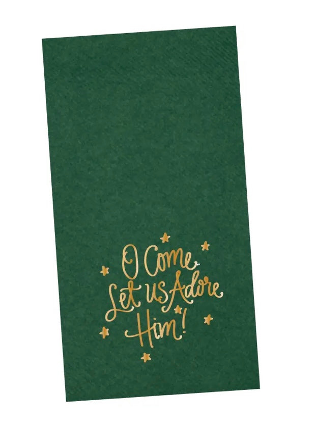 Green Dinner Napkins with Gold Lettering O Come Let Us Adore Him