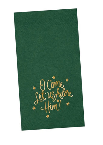 Green Dinner Napkins with Gold Lettering O Come Let Us Adore Him