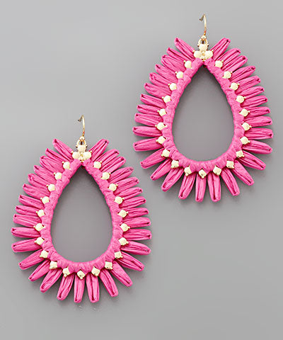 Hot Pink Raffia Teardrop Earrings