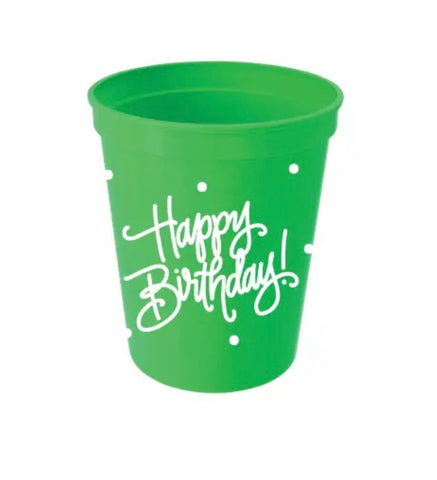 Happy Birthday Plastic Cups with Lids-Green