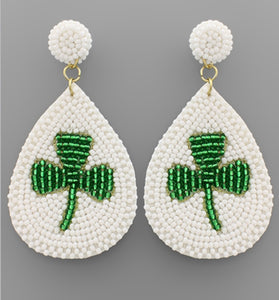 White with Green Shamrock Beaded Earrings