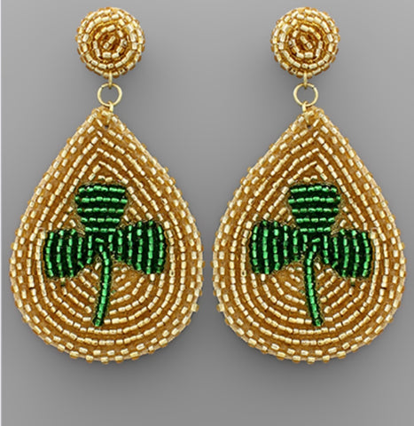 Gold with Green Shamrock Beaded Earrings