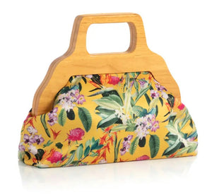 Wood Handle Yellow Floral Satin Purse
