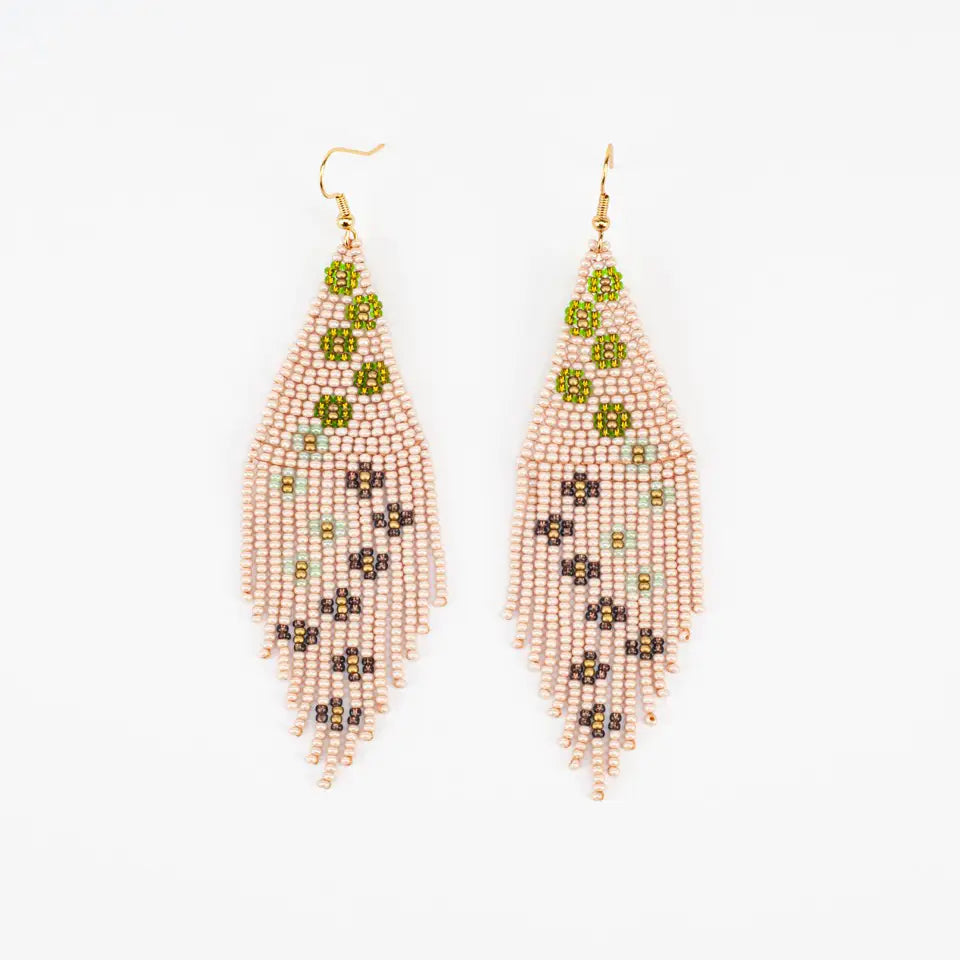 Tan and Green Beaded Fringe Dangle Earrings