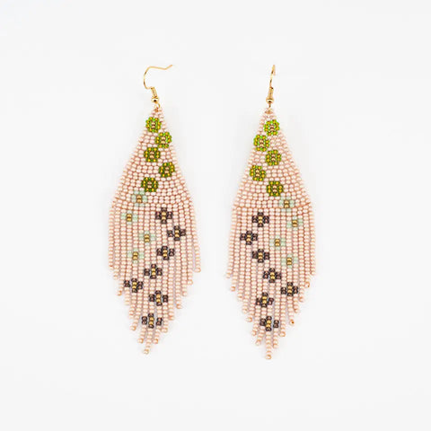 Tan and Green Beaded Fringe Dangle Earrings