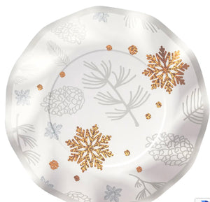 Wintery White with Gold Snowflakes Ruffle 8” Paper Plates