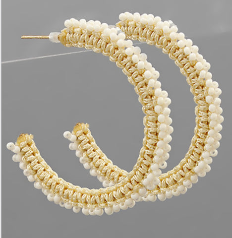 Crochet and Bead Hoop Earrings-Ivory