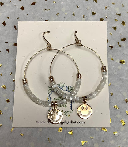 White Beaded Smiley Hoops