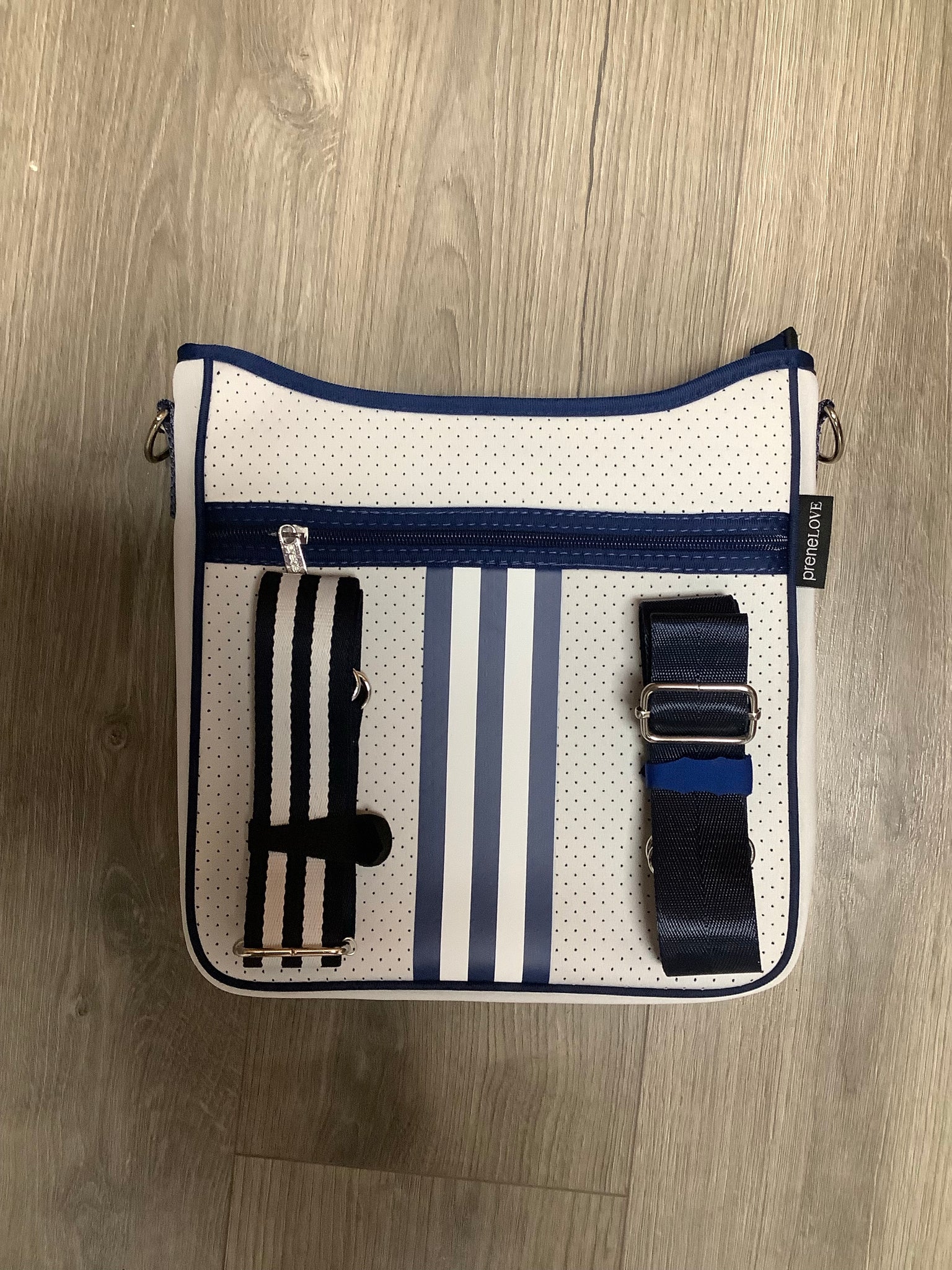 White/Navy Stripe Neoprene Messenger Bag