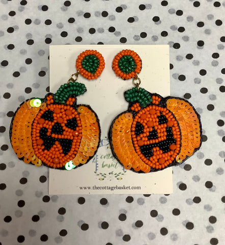 Orange and Green Jack-‘O-Lantern Beaded Earrings