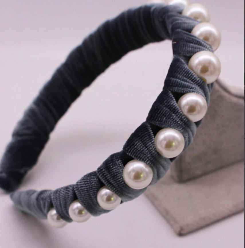 Gray Velvet and Pearl Headband