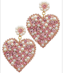 Pink Beaded /Crystal/Pearl Heart Earrings