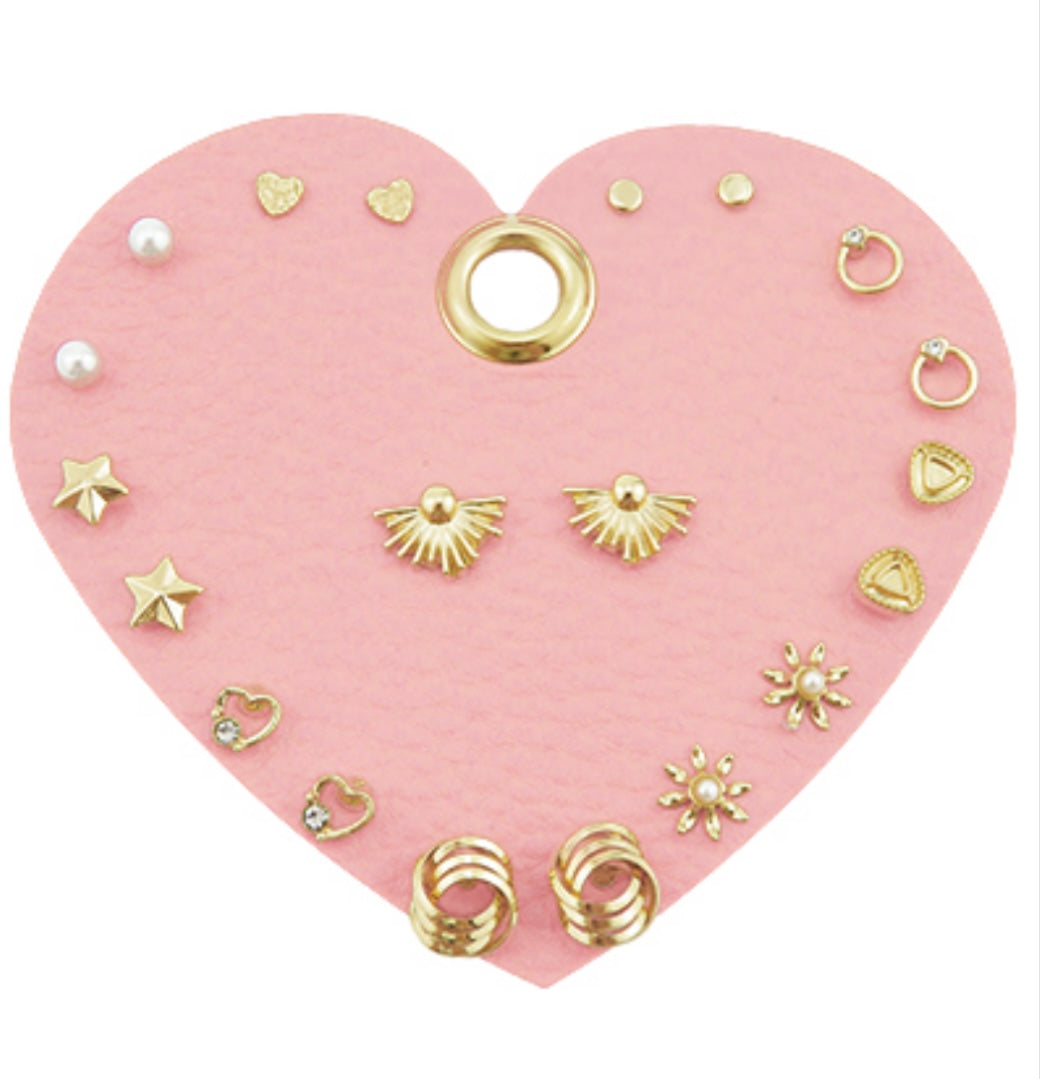 Pink Leather Heart with Gold and Pearl Stud Earrings