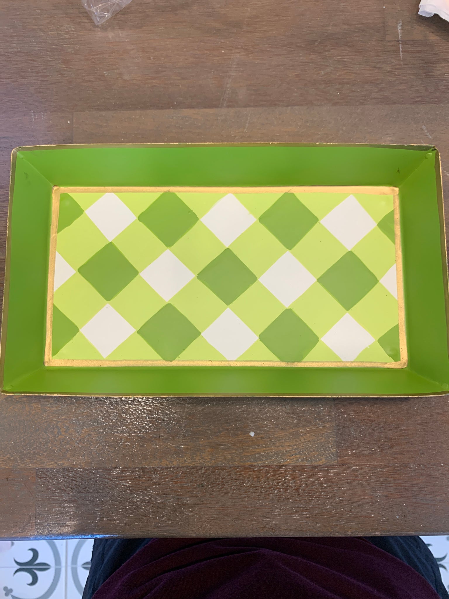 Green & yellow rectangle tin trinket tray